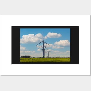 Windmill farm on green meadow Posters and Art